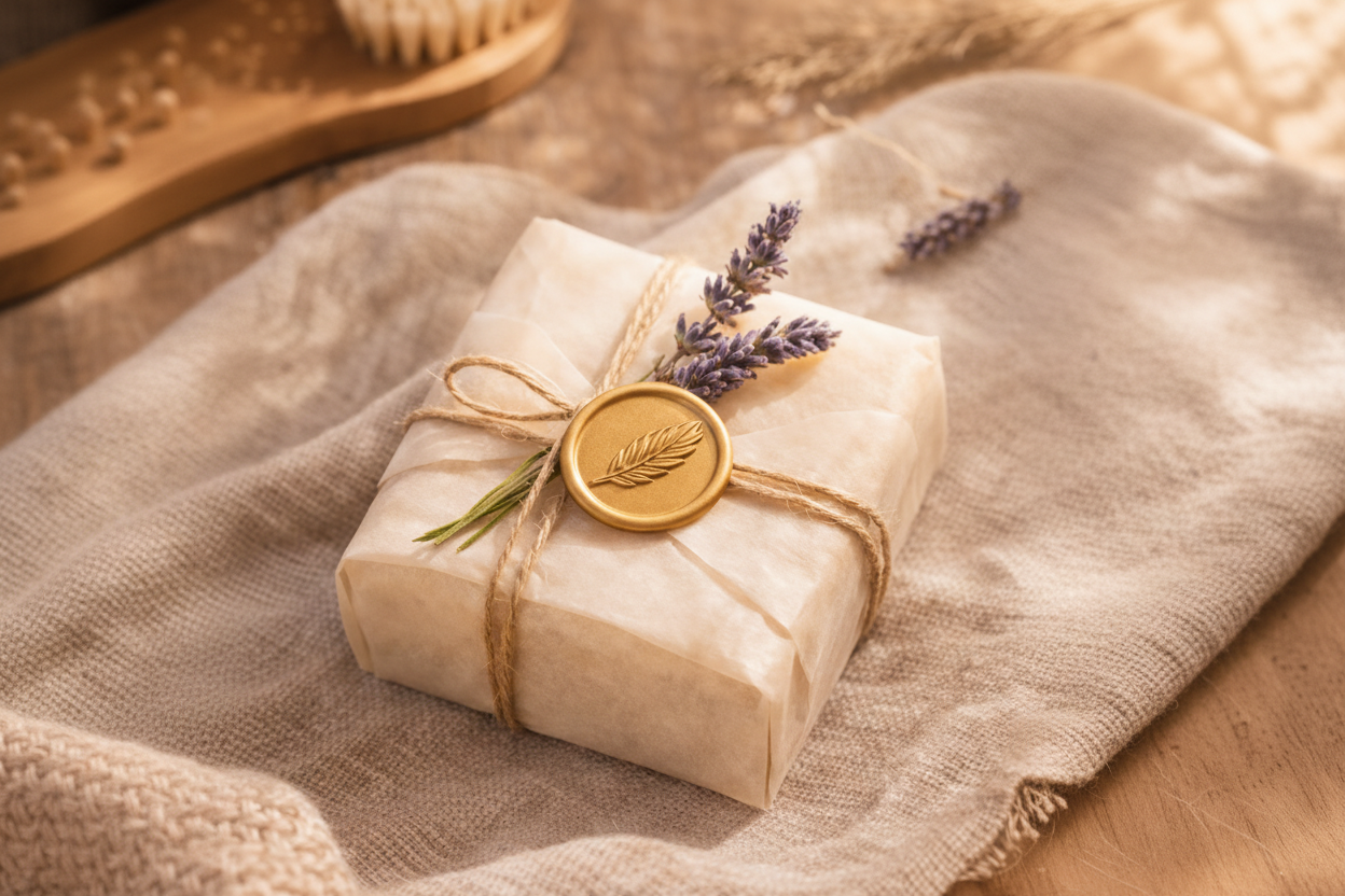 Gift wrapped in brown paper with a gold seal on a textured surface with lavender flowers.